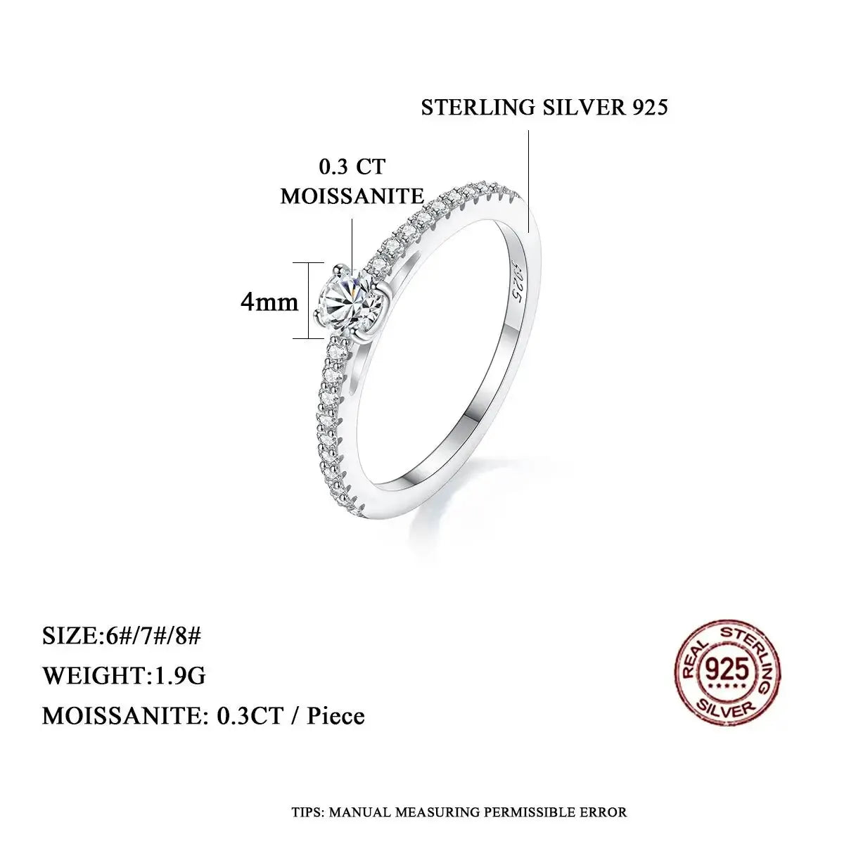 Real 925 Sterling Silver Small Moissnaite  Sparkling Round 0.3CT