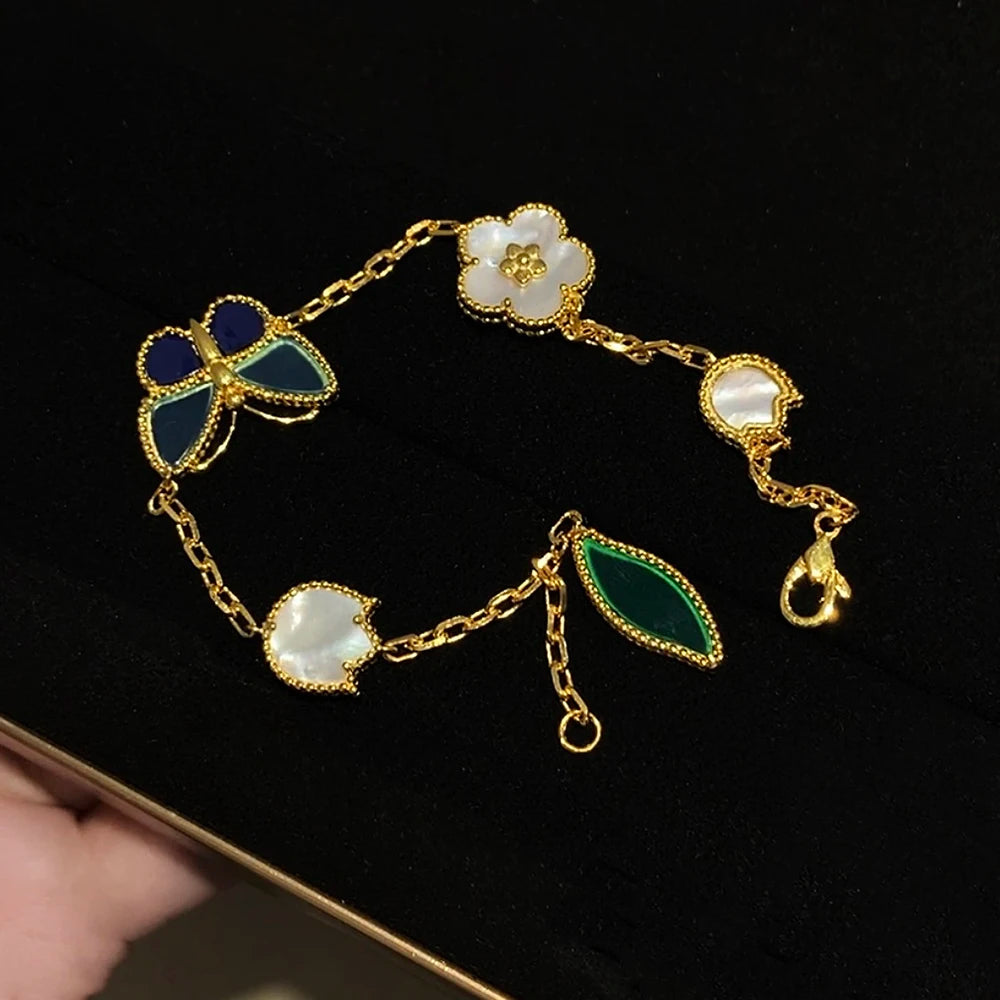 Hot Luxury Brand Real 925 Sterling Silver Bracelet Natural Shell Clover Flower Butterfly Chain Exquisite Couple Women Jewelry
