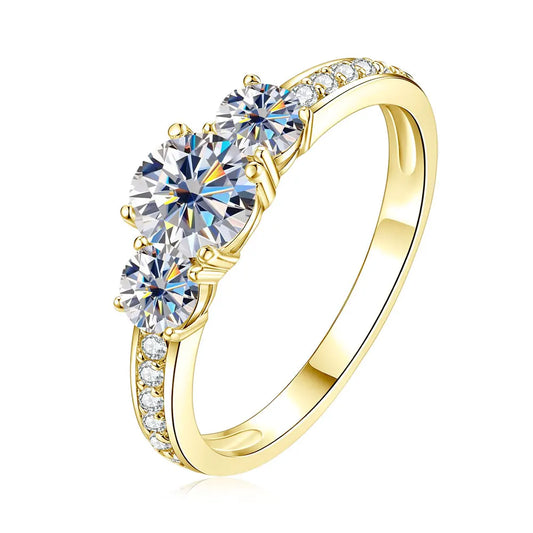 Round Moissanite Three Stone Ring GRA Certified 14K Gold Plated Jewellery For Women.