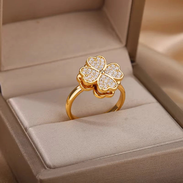 Rotatable Four Leaf Clover Rings Stainless Steel Zircon Ring. Alternate View