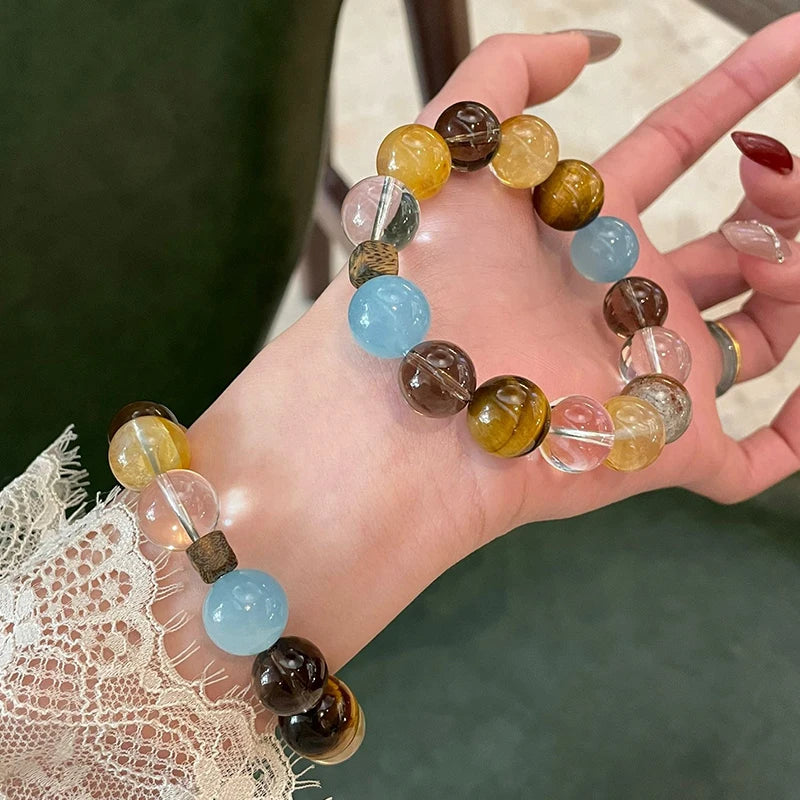 12mm~14mm natural white crystal splicing sea blue treasure bracelet with clear texture and versatile daily accessories