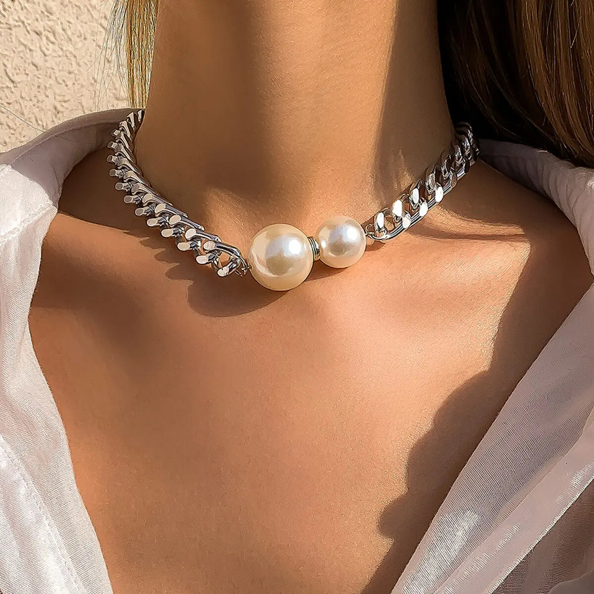 Vintage Punk Cuban Necklaces Women Gothic Imitation-Pearl Pendant Necklace