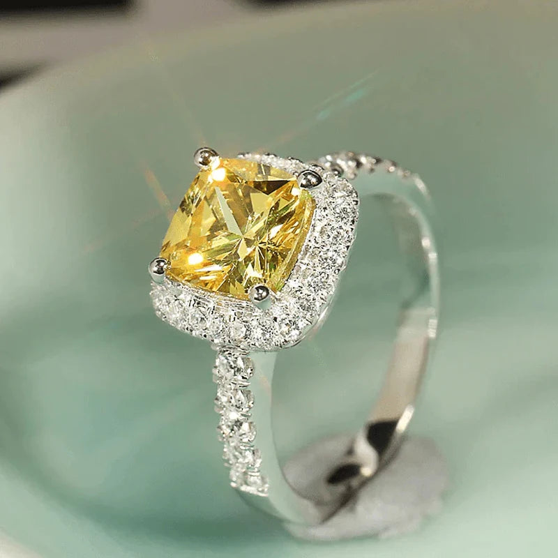 Elegant Yellow Cubic Zirconia Women Rings Luxury Lady's New Accessories Bright Jewellery.