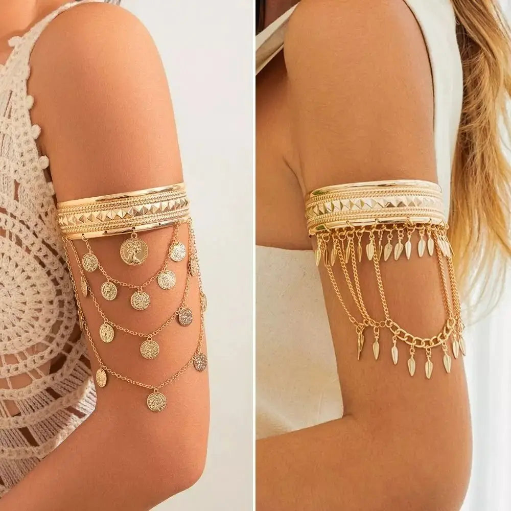 New Metal Tassel Arm Chain Adjustable Fashion Wide Open Bangle Retro Arm Bracelet Women