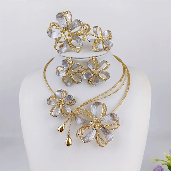 18K Gold Plated Jewelry Set Exquisite Italian Necklace Earrings Bracelet Ring.