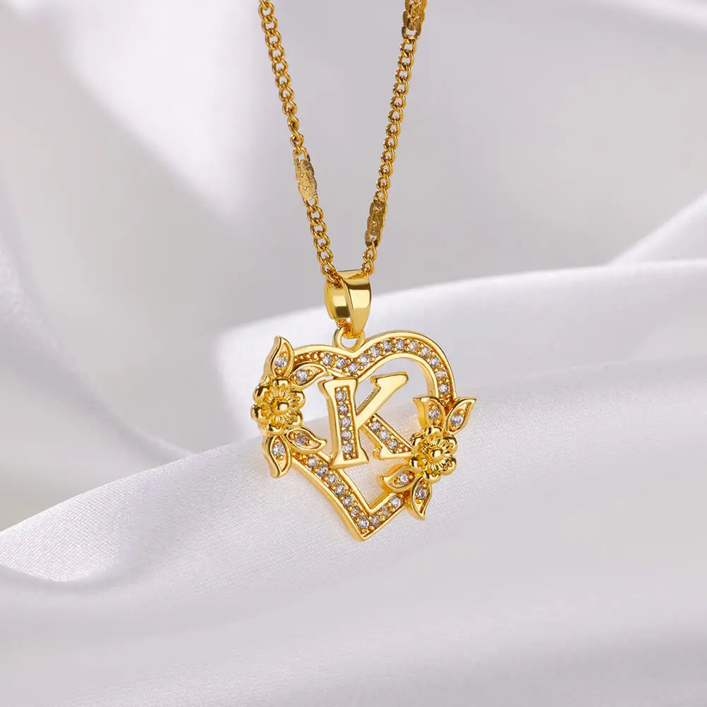 Zircon Flower Heart Initials Necklaces Stainless Steel Heart Letter