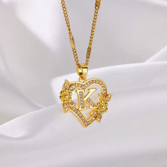 Zircon Flower Heart Initials Necklaces Stainless Steel Heart Letter