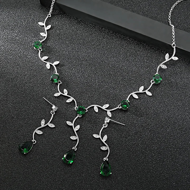 Luxury Green Cubic Zirconia Earrings Necklaces Sets Accessories.