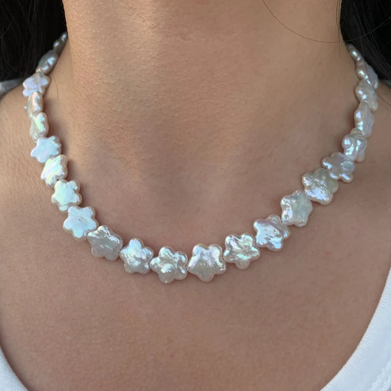 Colorful Natural Freshwater Plum Blossom Baroque Flower Pearl Necklace S925 Pure Silver Buckle Tail Chain.