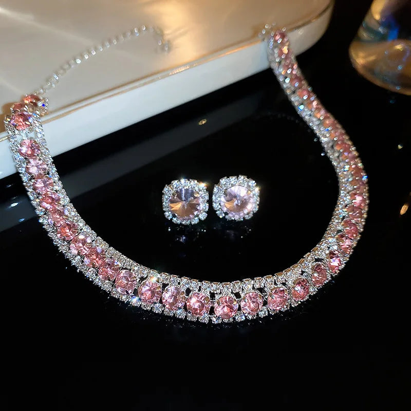 Luxury Rhinestone Necklace Stud Earrings, Crystal  Necklaces Ladies Fashion Jewellery Set.