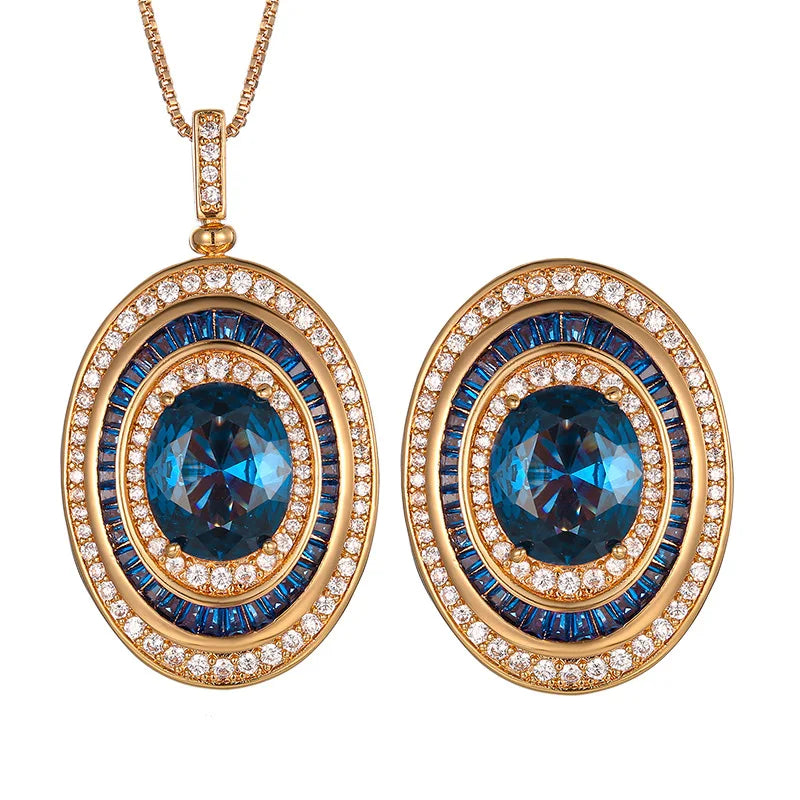 Rose Gold Plated Blue Oval Gemstone Jewelry Adjustable Ring Necklace with Cubic Zirconia Vintage Fashion Gift.