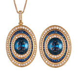 Rose Gold Plated Blue Oval Gemstone Jewelry Adjustable Ring Necklace with Cubic Zirconia Vintage Fashion Gift.