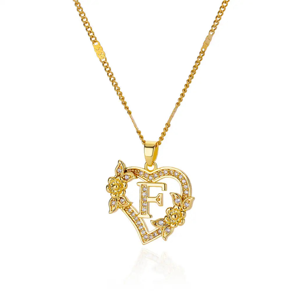 Zircon Flower Heart Initials Necklaces Stainless Steel Heart Letter
