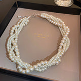 Multi-layered Twisted Imitation Pearl Necklaces, Luxury Collarbone Chain Necklace.