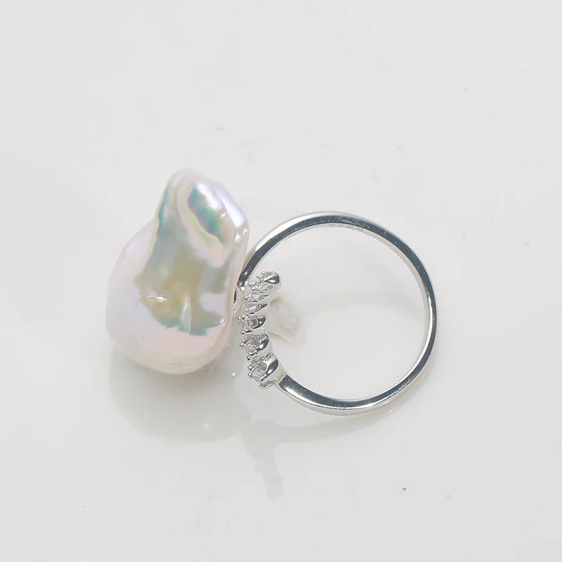 Natural Fresh Water Pearl Ring S925 Silver Adjustable Ring Zircon Inlaid Jewellery for Woman.