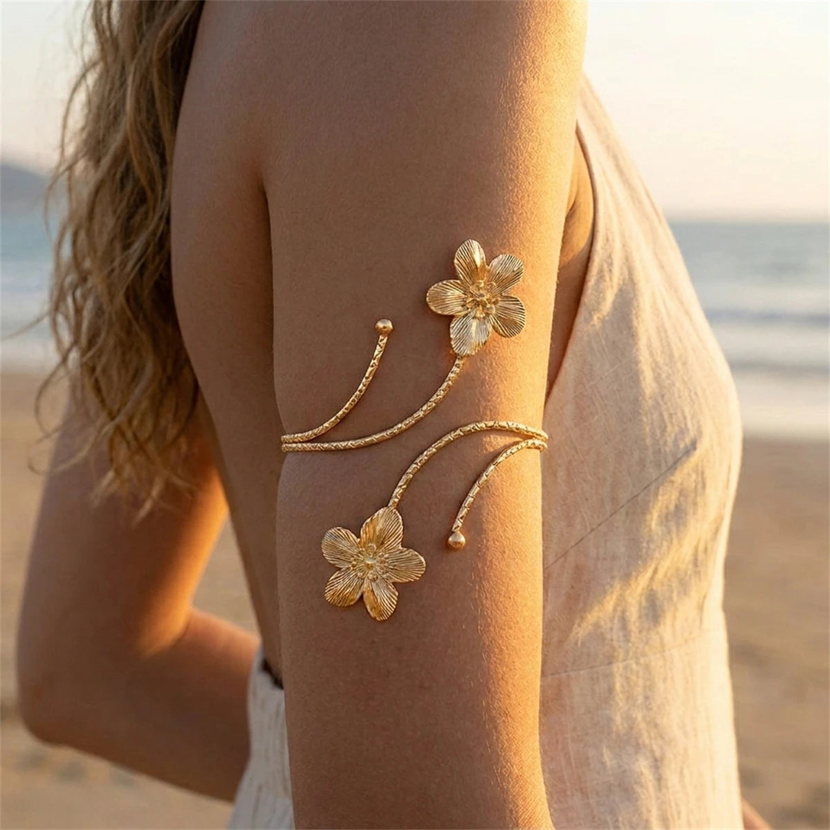 Elegant Sun Adjustable Cuff Bracelet Unique Gold Upper Arm Bangle.