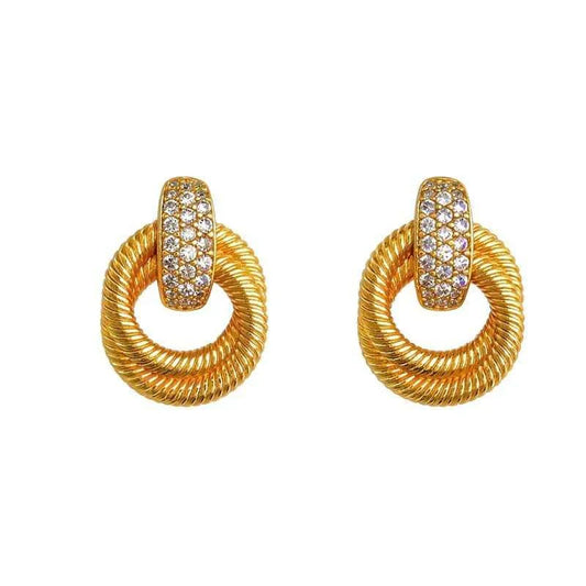 Luxury 24K Gold Braided Hoop Earrings, Vintage Textured Pave Zircon Drop Earrings.