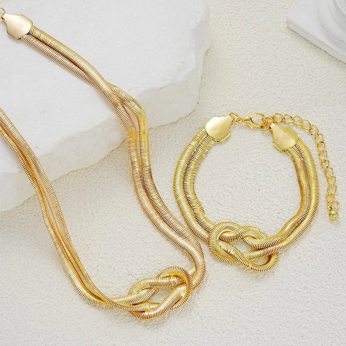 Double Layer Knot Necklace Bracelet Set Gold Color Snake Twisted Chunky Fashion Jewellery Accessories.