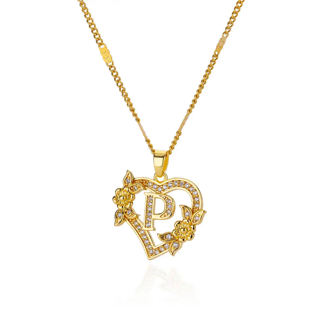 Zircon Flower Heart Initials Necklaces Stainless Steel Heart Letter