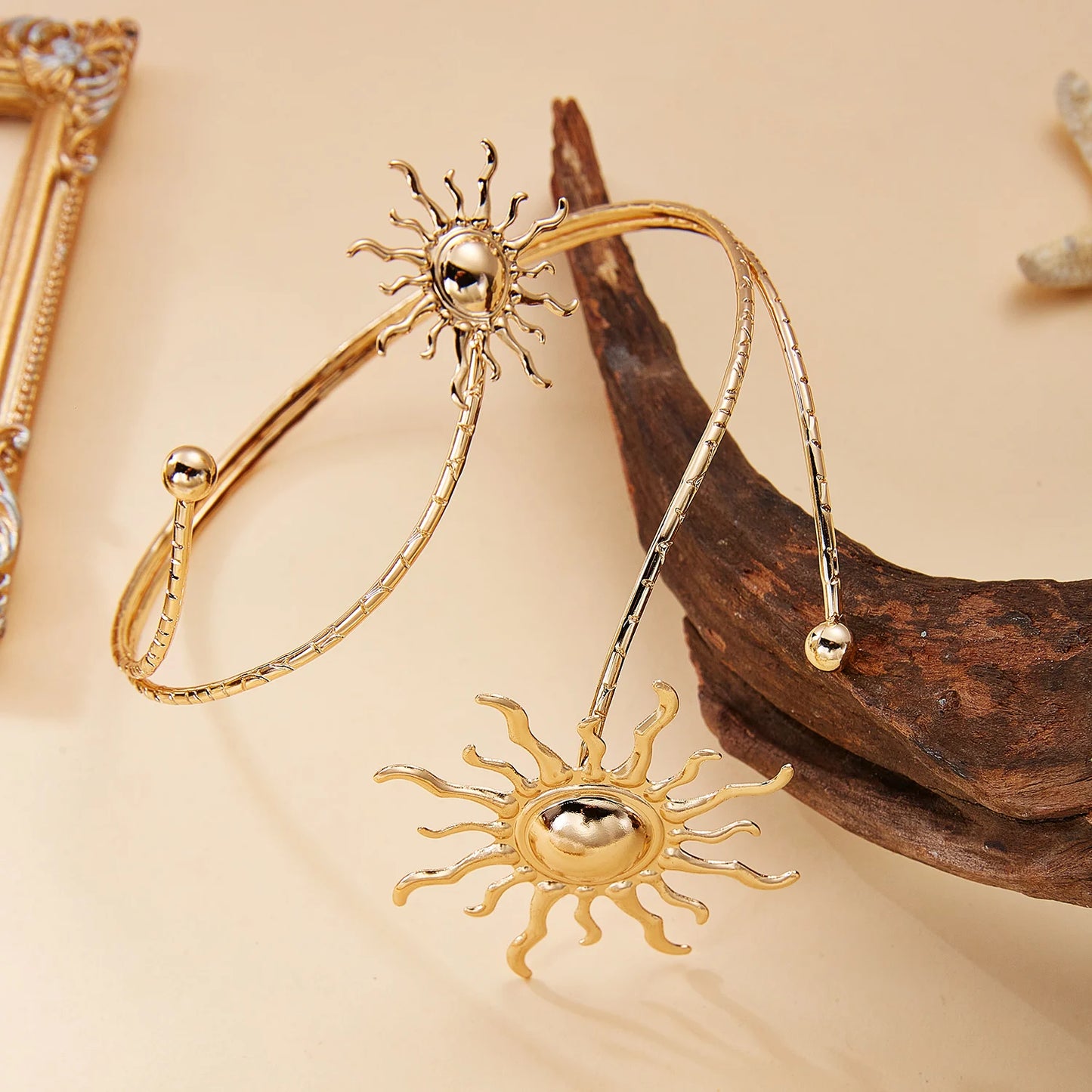 Elegant Sun Adjustable Cuff Bracelet Unique Gold Upper Arm Bangle.