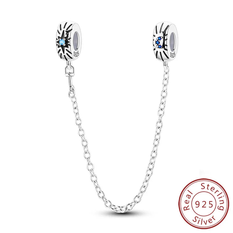 Safety Chain Fit Original 925 Sterling Silver Beads Moon Star Butterfly Heart shaped Jewellery Gift.