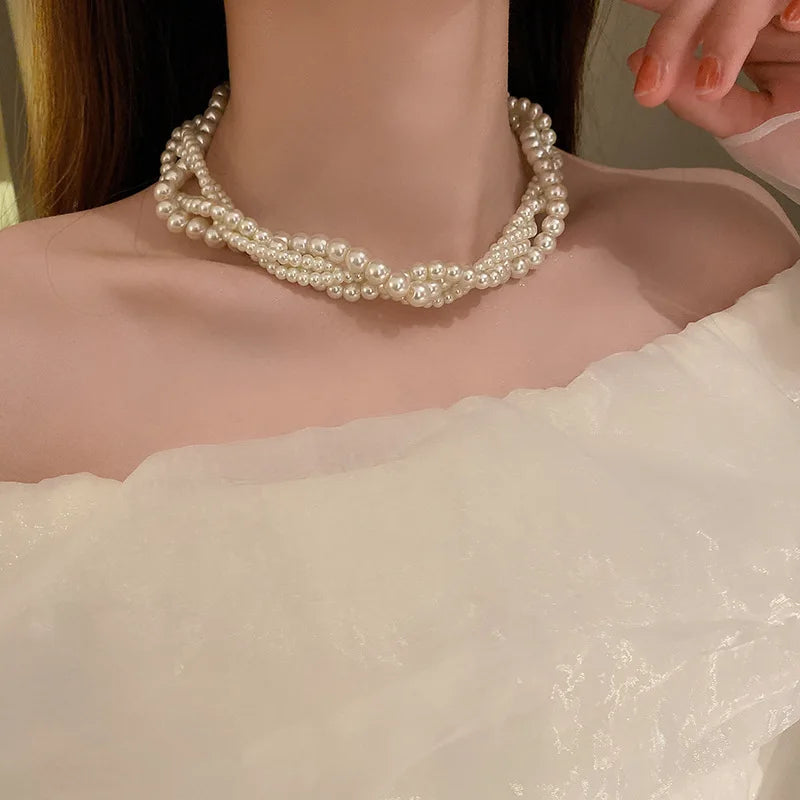 Multi-layered Twisted Imitation Pearl Necklaces, Luxury Collarbone Chain Necklace.