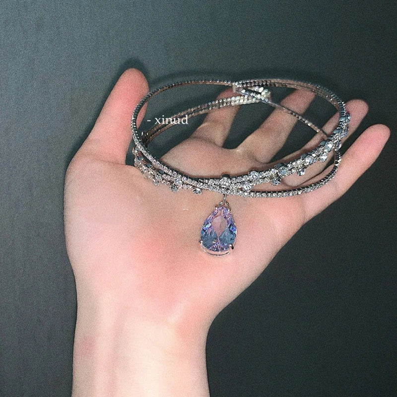 Zircon Double Layered Water Drop Heart Silver Scrap Imitation Pearl Cross Wave Open Collarbone