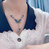 925 silver blue-green enamel exquisite butterfly Necklace tassel flower retro jewellery