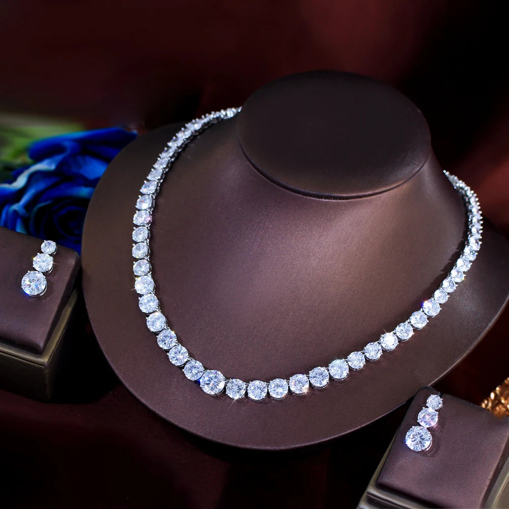 Glittering Round Cubic Zirconia Tennis Necklace and Earrings