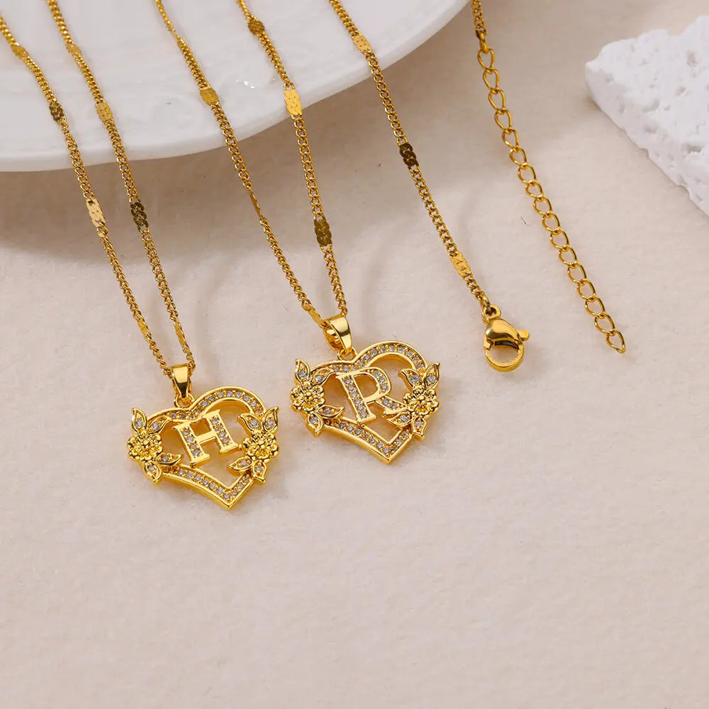 Zircon Flower Heart Initials Necklaces Stainless Steel Heart Letter