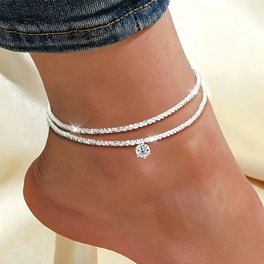 Adjustable Double Layer Cubic Zirconia Six Prong Anklet Summer Beach Waterproof Foot Jewellery.