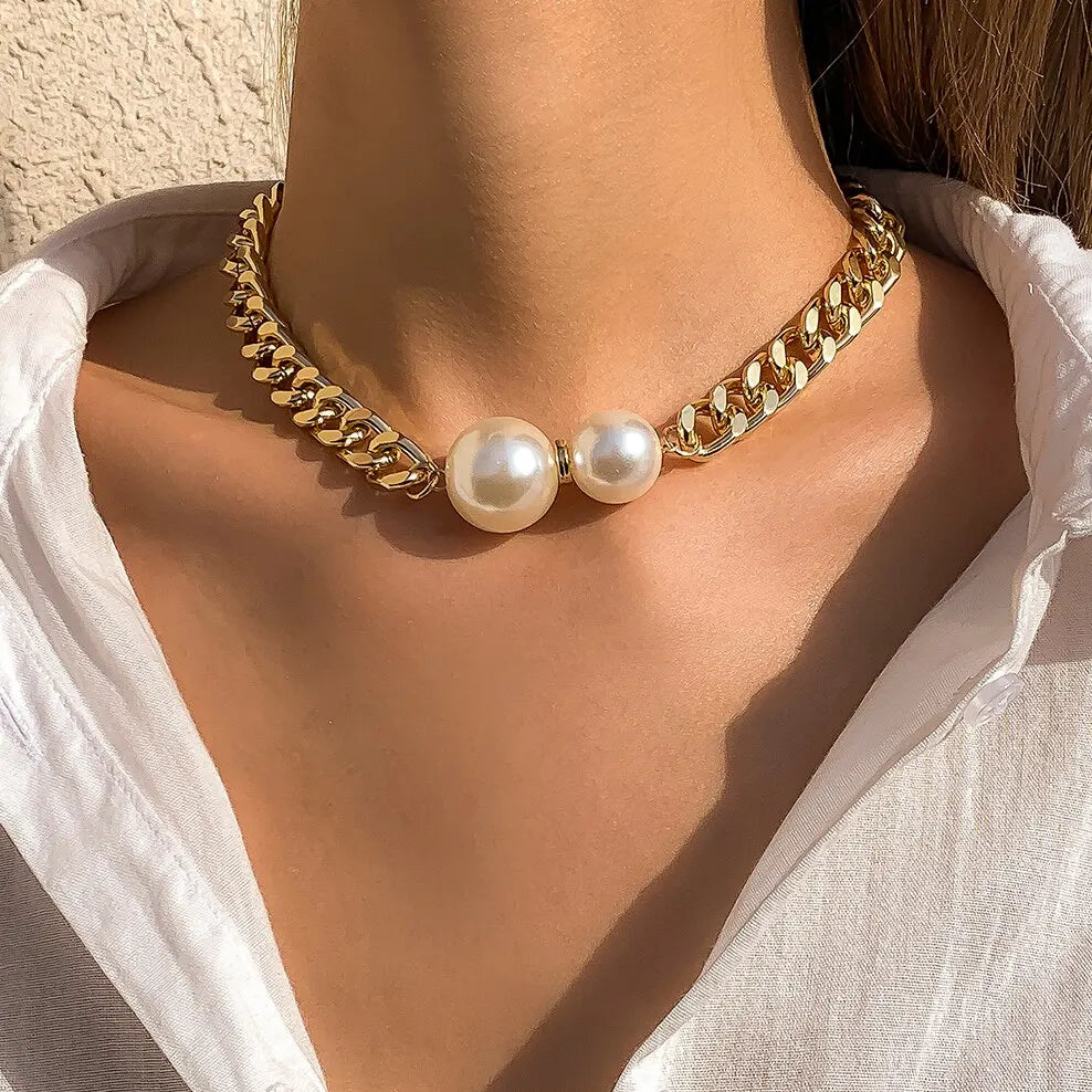 Vintage Punk Cuban Necklaces Women Gothic Imitation-Pearl Pendant Necklace