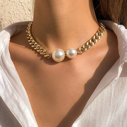 Vintage Punk Cuban Necklaces Women Gothic Imitation-Pearl Pendant Necklace