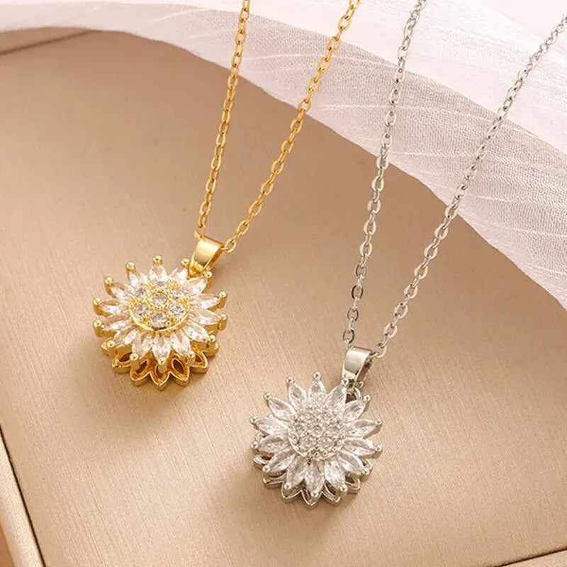Trendy Rotation Spin Sunflower Stainless Steel Zircon Necklaces