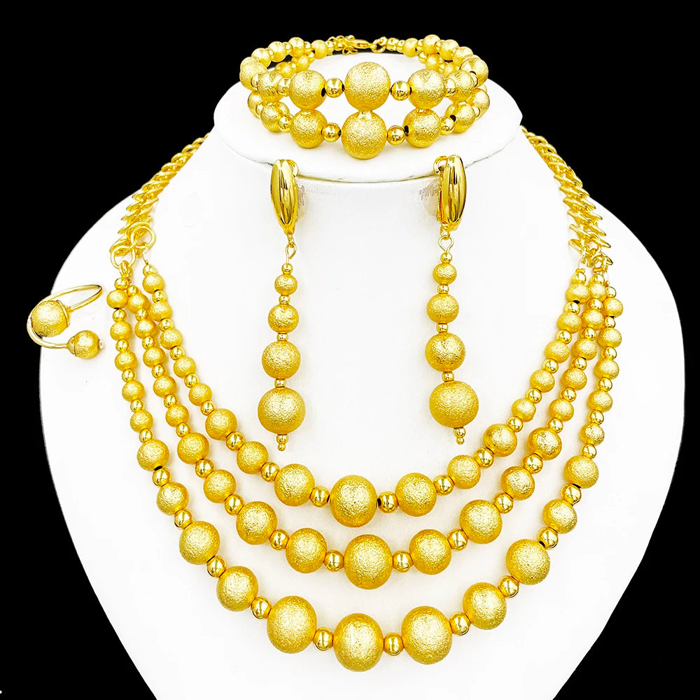 Elegant Gold Color Bead Jewelry Set for Women Matching Necklace Bracelet Earrings Ring for Daily Wear Fashion Accessory Gift