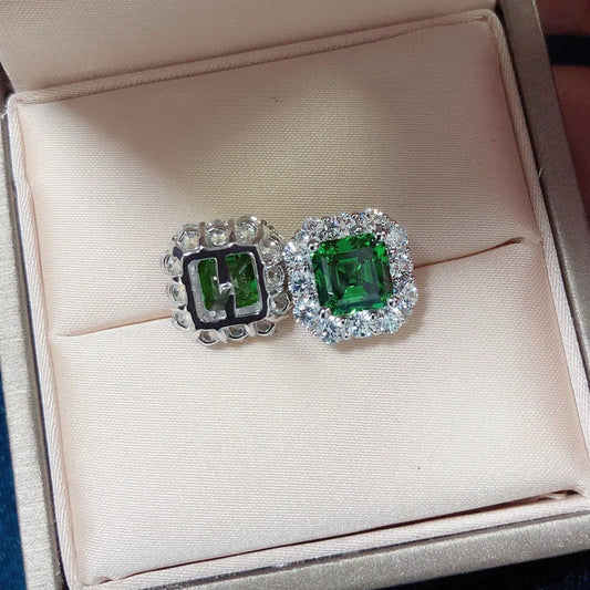 Luxury Solid Platinum Women's Emerald Square 2CT Diamond Stud Earrings Green Stud Earrings.