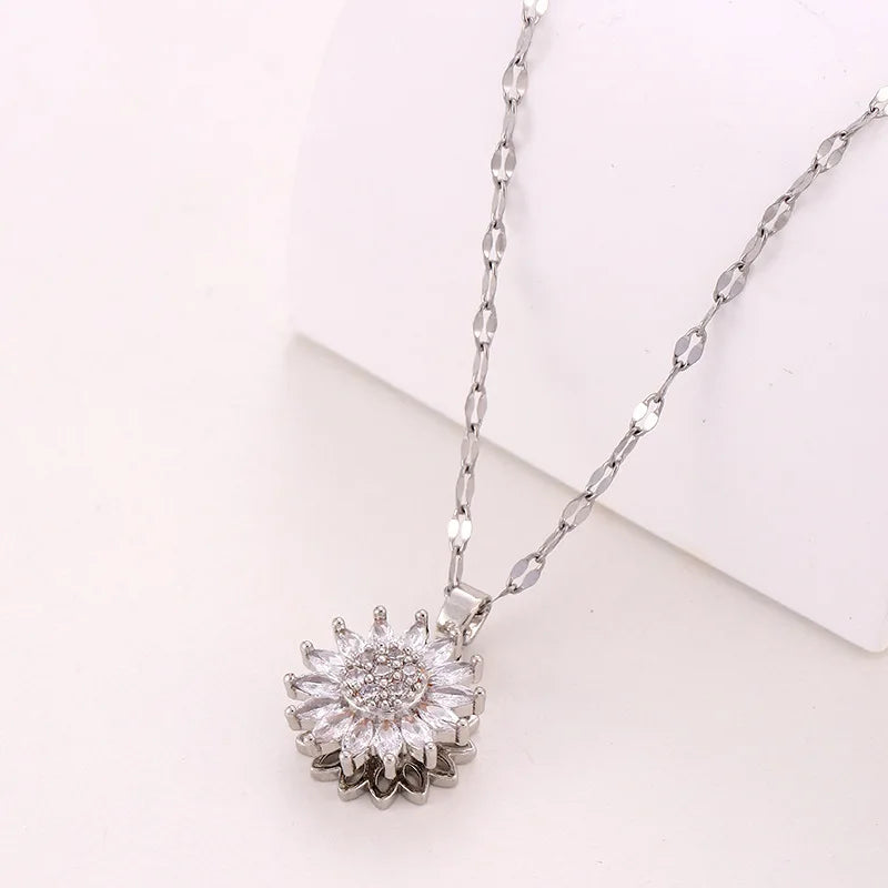 Trendy Rotation Spin Sunflower Stainless Steel Zircon Necklaces