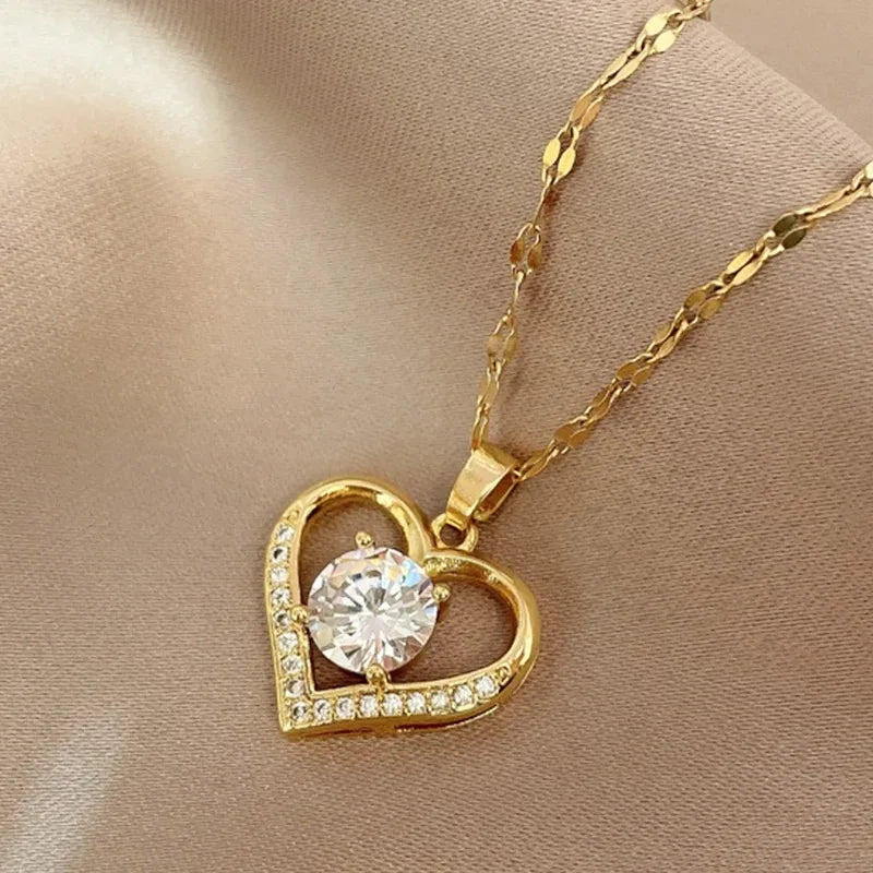 Artificial Gems Heart Pendant Necklace Golden Stainless Steel