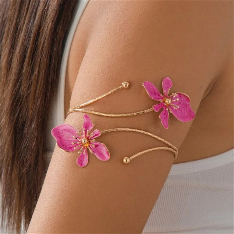 Bohemian Enamel Floral upper arm Bracelet for Women trendy Oil Drip Flower open Cuff Bangle Handmade Party Holiday Jewelry gift