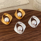 Elegant Metal Irregular Geometric Pearl Earrings New Minimalist Stud Earrings