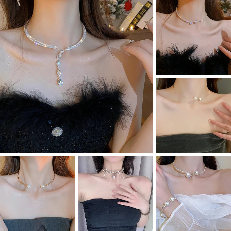 Zircon Double Layered Water Drop Heart Silver Scrap Imitation Pearl Cross Wave Open Collarbone