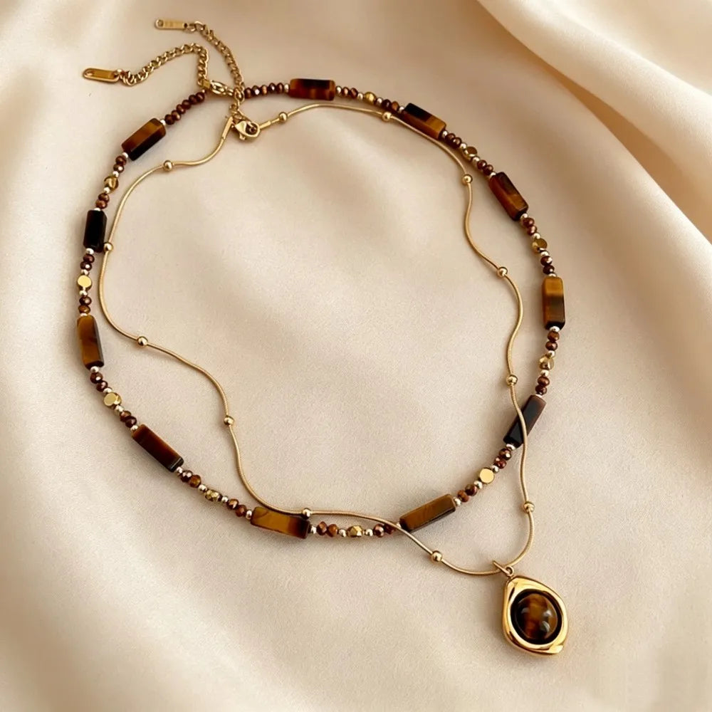Retro Temperament Layered Stone Pendant Necklace For Women Stainless Steel Collarbone Chain necklaces.