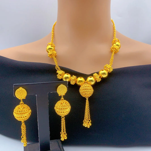Indian Bead 24K Gold Plated Necklace Earrings Jewelry Set For Women African Dubai Nigeria Bridal Wedding Party Gift Jewellery