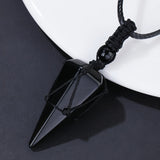 Black Lucky Cool Natural Obsidian Hexagonal Cone Mesh Pocket Braided Rope Pendant Necklace*1pc