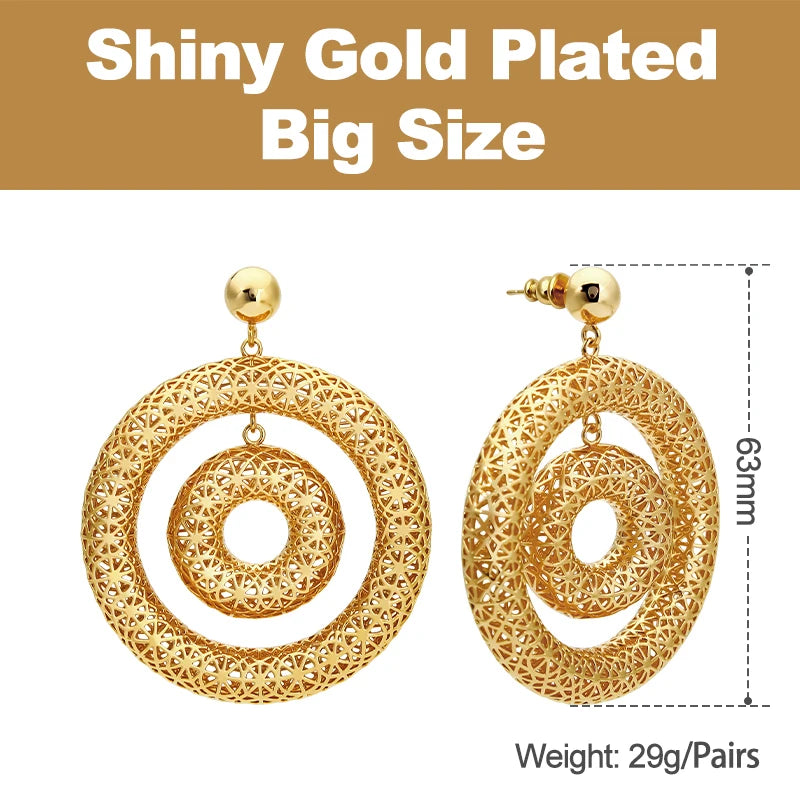 Bicyclic Ring Hollowed Out Drop Earrings For Women Brass Gold Color Earrings.