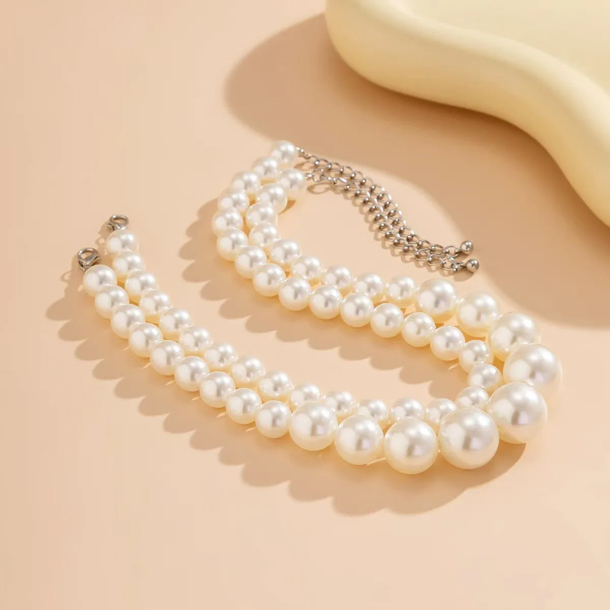 2 Pcs Set Exaggerated Big Imitation Pearl Clavicle Chain Necklace