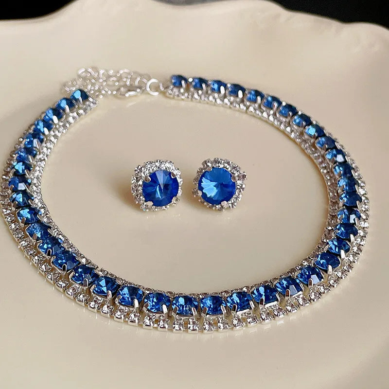 Luxury Rhinestone Necklace Stud Earrings, Crystal  Necklaces Ladies Fashion Jewellery Set.