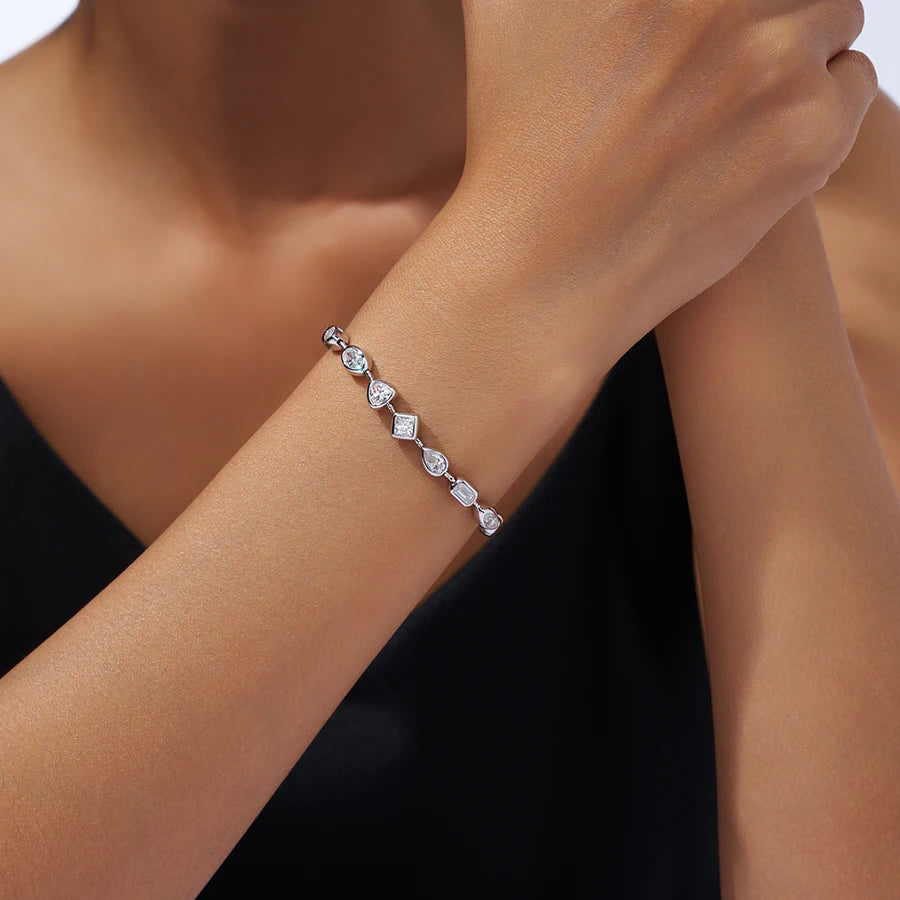 JIUZUAN Mixed Cut Moissanite Tennis Bracelet S925 Silver 18K Gold Plated Modern Bezel Setting Elegant Women Jewelry Bracelet