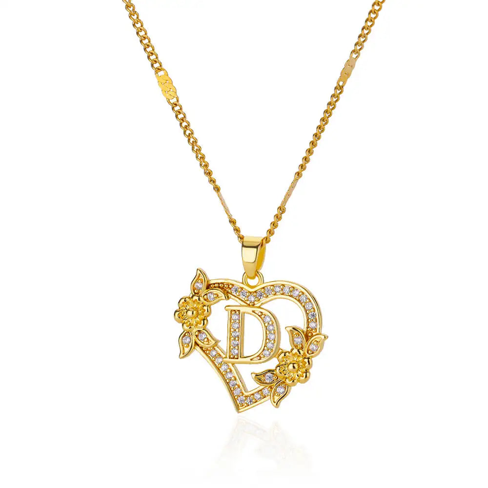 Zircon Flower Heart Initials Necklaces Stainless Steel Heart Letter