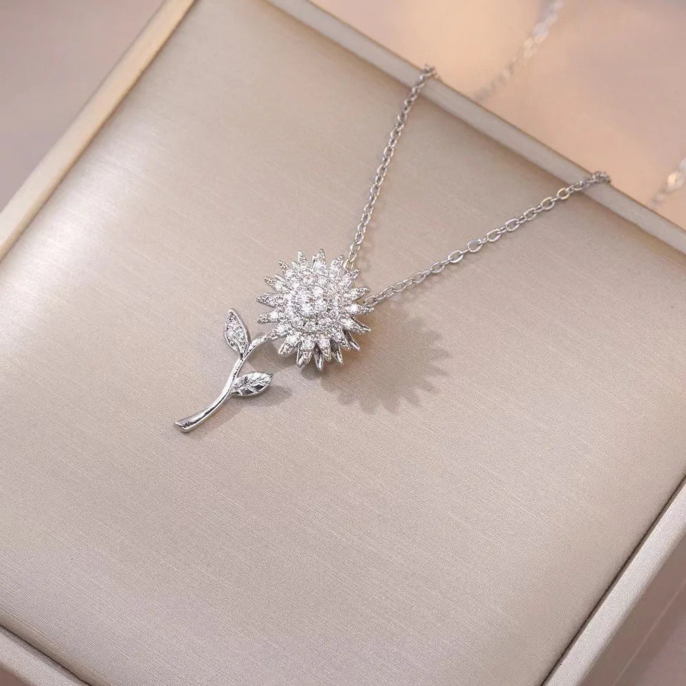 Trendy Rotation Spin Sunflower Stainless Steel Zircon Necklaces
